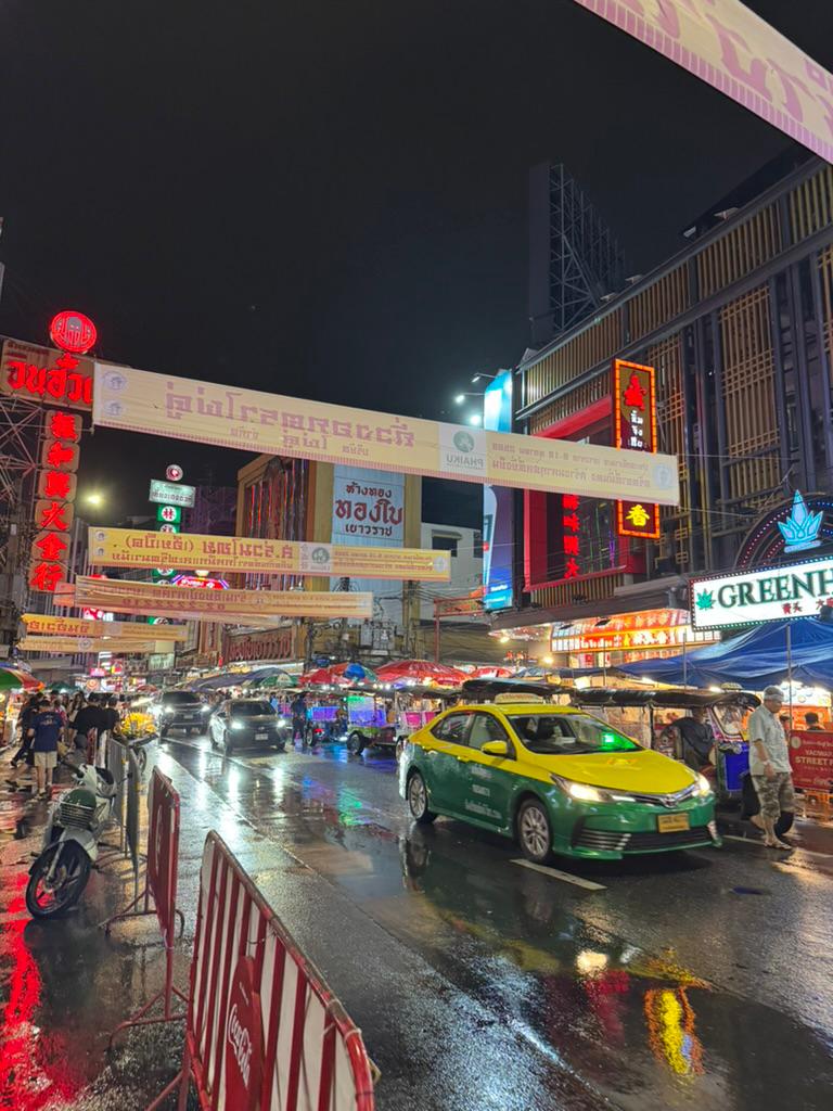 Yaowarat at night, rain on the street.