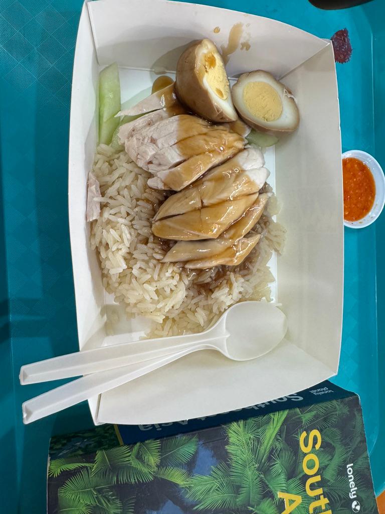 Chicken rice at a Singapore hawker center, Lonely Planet Southeast Asia on the tray.