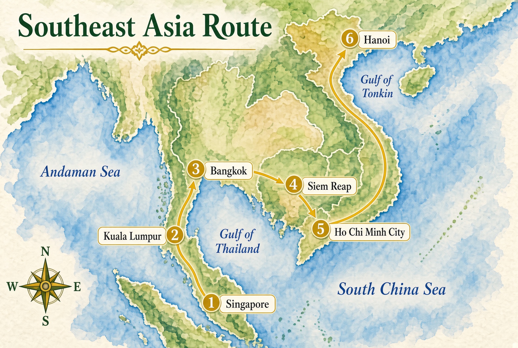 Watercolor map of a Southeast Asia route from Singapore to Hanoi, numbered one through six: Singapore, Kuala Lumpur, Bangkok, Siem Reap, Ho Chi Minh City, Hanoi.